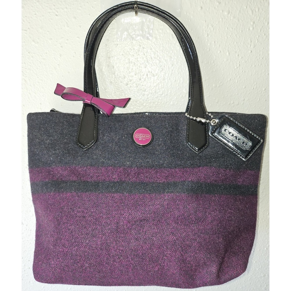 Coach Stripe Wool Tote Satchel Charcoal Passion Berry with Purple  Accent Bow